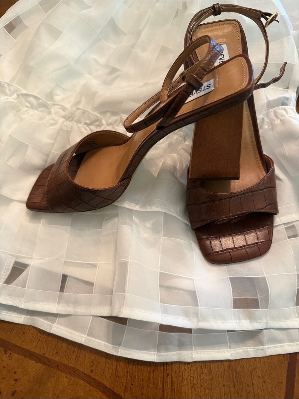Steve Madden Brown Croc-Embossed Block Heel Sandals with Ankle Strap - Picture 5 of 5